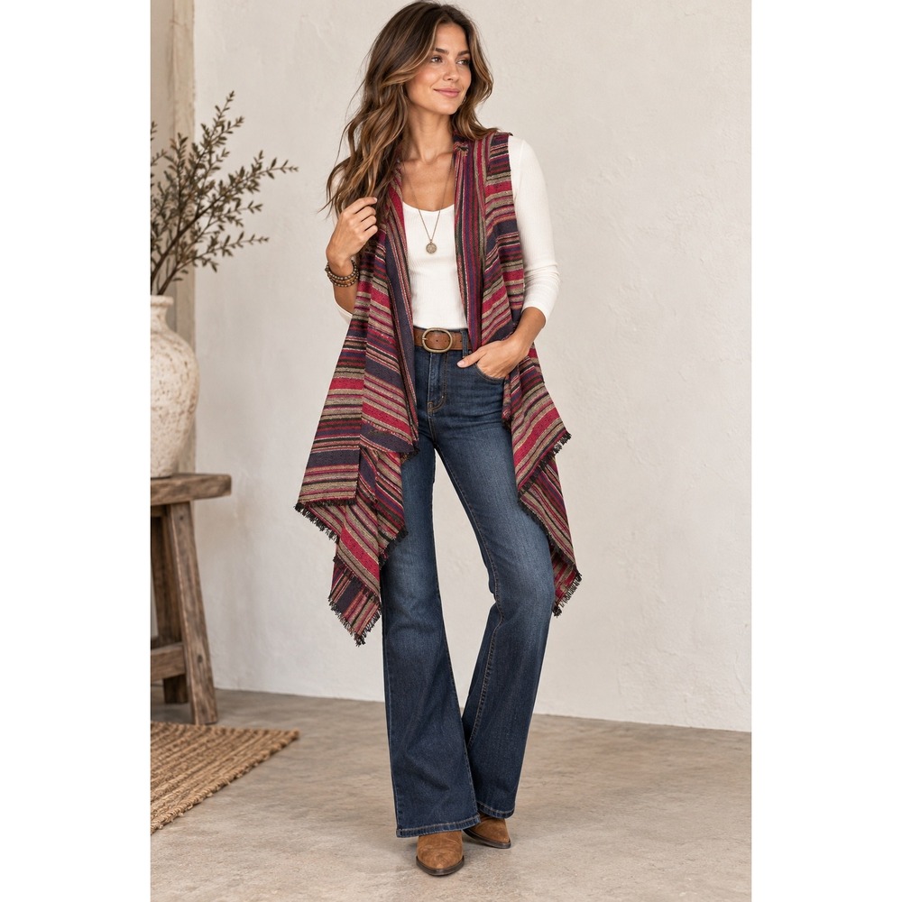 Grace & Emma NWT Striped Draped Vest Western Boho Fringe Handkerchief Hem